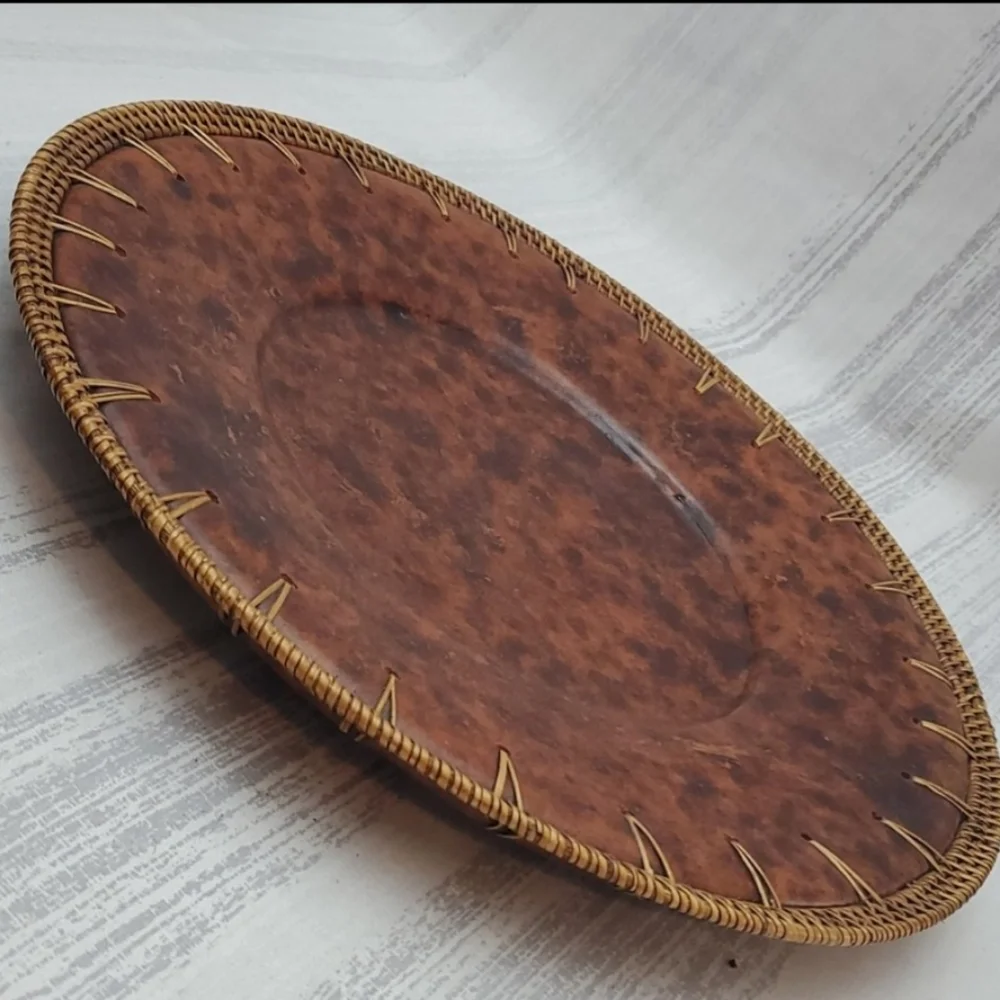 Pier 1 Imports Brown Tortoise Design 14” Wicker Border Catchall Bowl